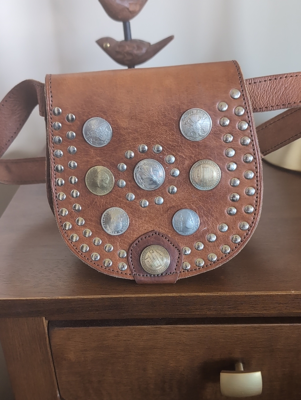 Vintage Moroccan Leather Belt/Cross Shoulder Bag Vintage European Coins Unisex - Picture 2 of 15
